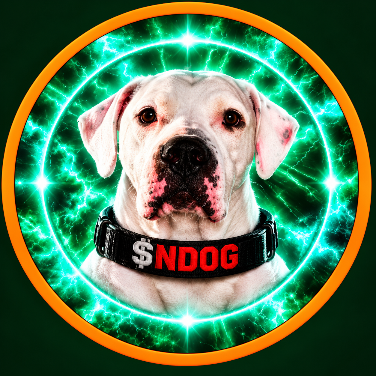 NEARDOG's white Dogo Argentino mascot with a $NDOG collar and green background